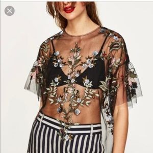 ZARA Embroidered Tulle Blouse XS